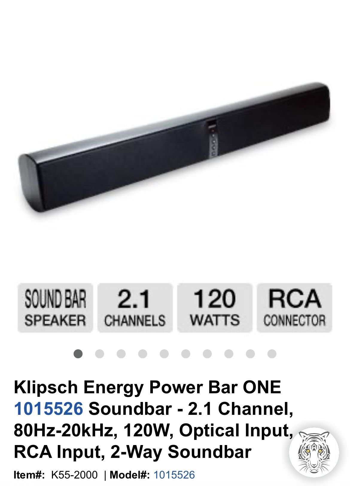 Klipsch Energy Power Bar ONE 1015526 Soundbar - 2.1 Channel, 80Hz-20kHz, 120W, Optical Input, RCA Input, 2-Way Soundbar