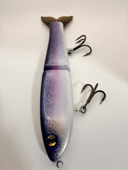 Big Handmade Cedar Wood Glider Swimbait, Surface Floating Custom Pained In Purple Trout .