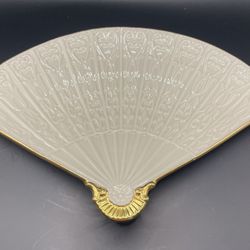 Vintage Lenox Ivory Porcelain Fan Shaped Dish Gold Trim Embossed Made in USA 11"
