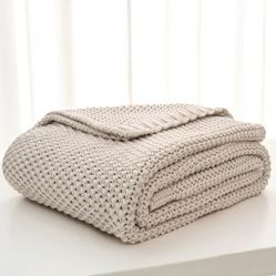 Chunky Cable Knit Throw Blanket Lightweight Beige 100% Organic Cotton Blanket for Sofa Couch Bed Baby Nursery, Rustic Shabby Chic Modern Farmhouse, 51