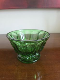 Anchor Hocking - Green pressed glass footed candy dish with floral pattern by Anchor Hocking