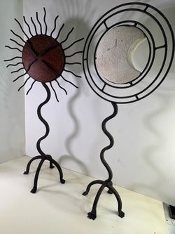 Vintage 32" Wrought Iron Sun & Moon Celestial Floor Sculptures - Pair