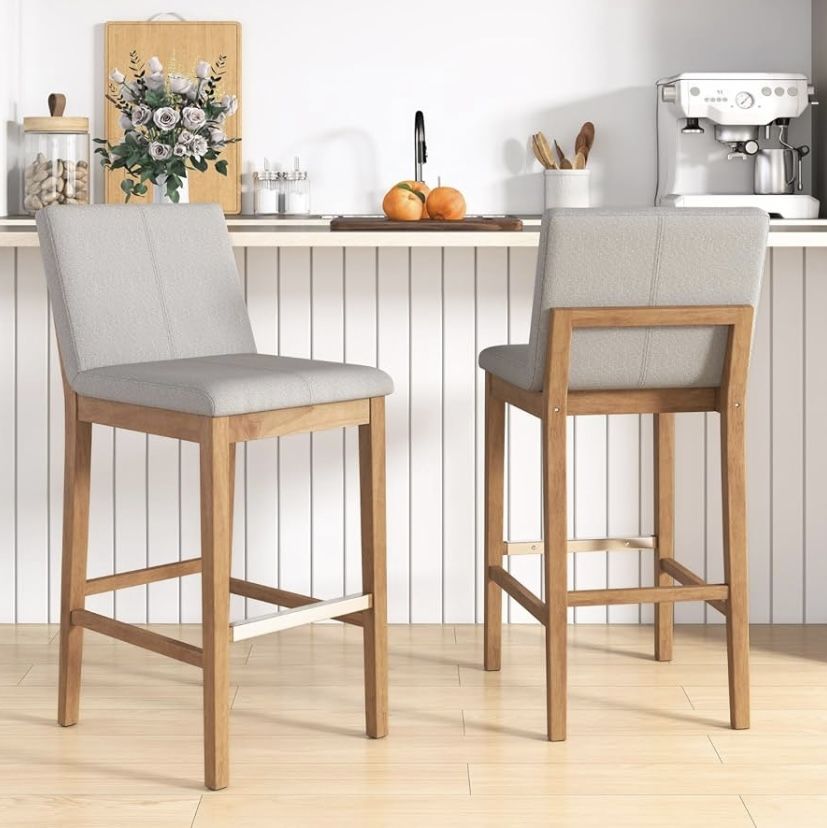 26" Modern Counter Height Bar Stools Set of 2, Farmhouse Linen Upholstered Counter Stools with Back & Metal Footrest, Wooden Kitchen Island Bar Chairs