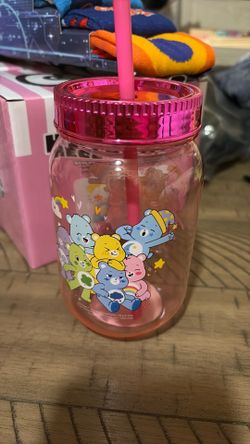 CARE BEARS CANNING JAR WITH STRAW AND LID