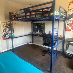 Metal Full Loft Bed with Desk, Midnight Blue