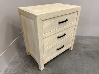 POTTERY BARN Linwood Textured Whitewashed Finish 3 Drawer Nightstand with Sleek Black Hardware