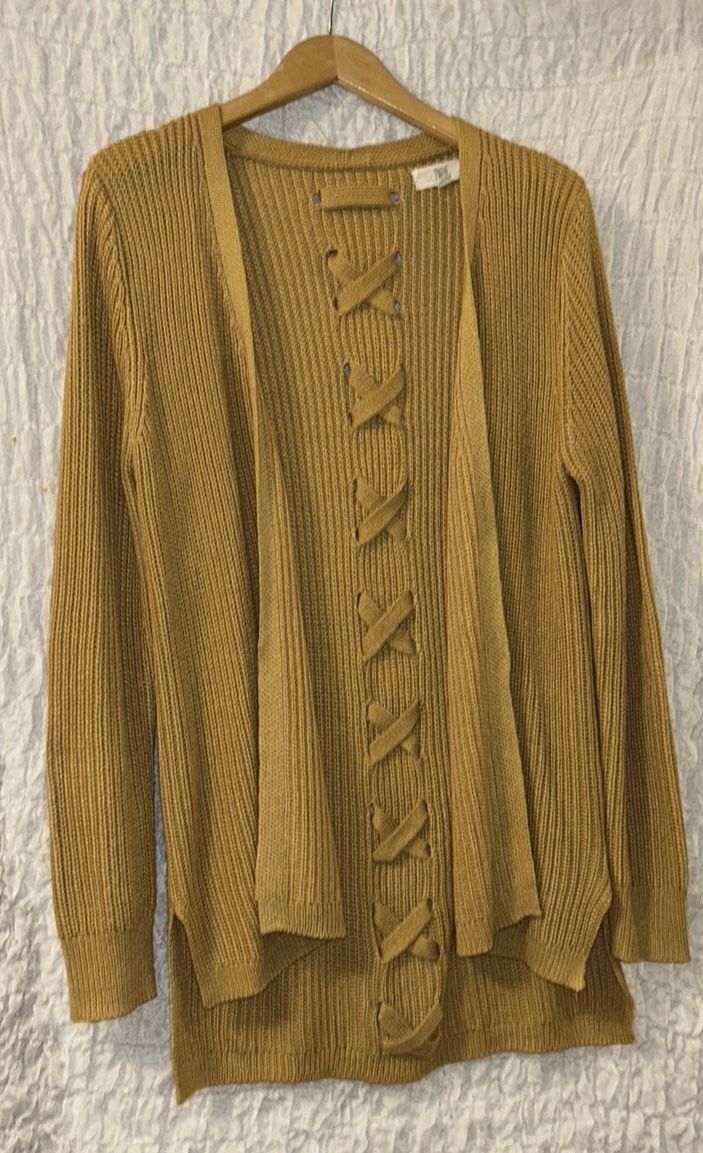 Pinque: Mustard Yellow Knit Cardigan with Crisscross Back Detail, Size: Large