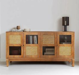 Mid Century Rattan Accent Cabinet / Sideboard Console – Natural Oak Finish