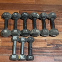 10 and 5 pound metal dumbbells.