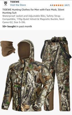 Camo hunting top, bottom, and face mask, size L size chart in photos