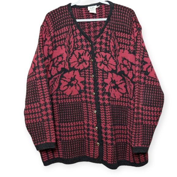 Tan Jay 3X Pink Red Grey Houndstooth Knit Button Down Cardigan Sweater