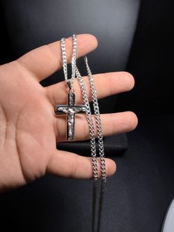 925 Silver Cuban Necklace w/ Cross Pendant  26”