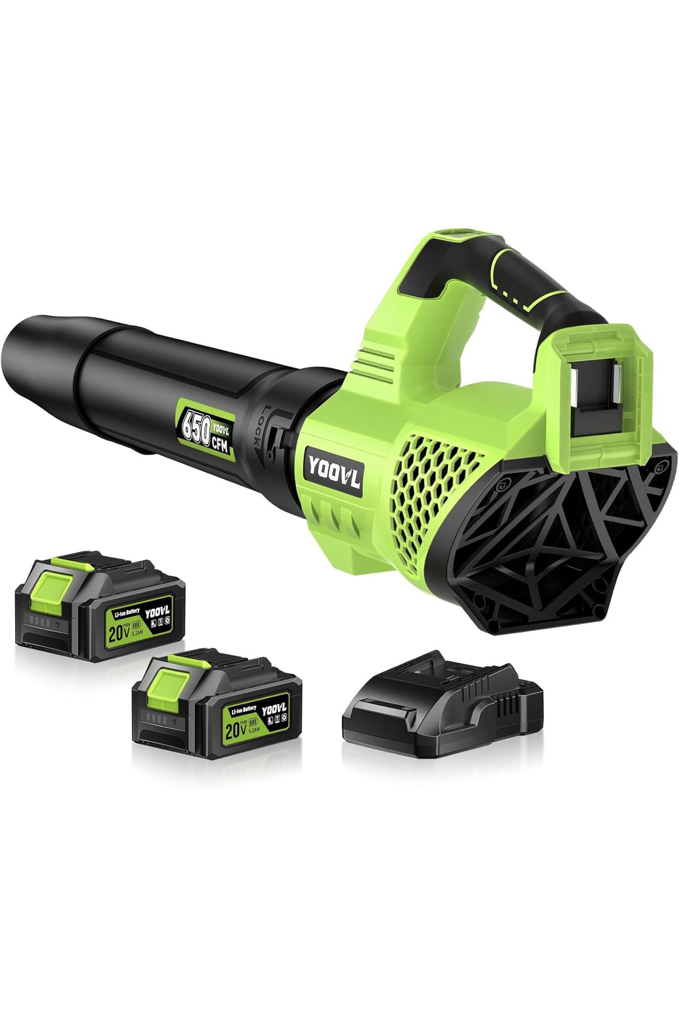 Soplador de hojas inalámbrico, potente soplador de hojas eléctrico de 650 CFM con 2 baterías de 5.2 Ah y cargador, 3 modos de velocidad, sopladores de