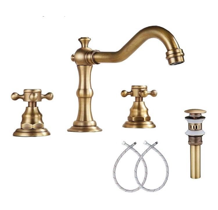 GGStudy 8 inch 2 Handles 3 Holes Widespread Bathroom Sink Faucet Antique Brass Bathroom Vanity Faucet Basin Mixer Tap Matching Metal Pop Up Drain with
