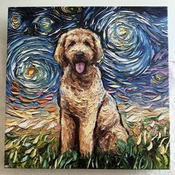 Labradoodle Goldendoodle Van Gogh Starry Night Dog Canvas Wall Art Print 14X14