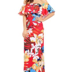 Red Floral Print Off Shoulder Maxi Boho Dress