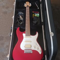 Greg Bennett electric red guitar with shoulder strap and tuner and cord no amp plays great in road runner hard case 