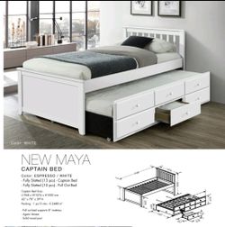 Twin Size Bed Frame With Trundle And 3 drawers color espresso or white