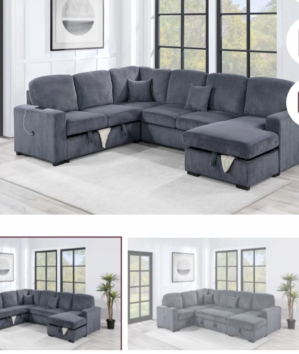 $649-4Piece Convertible Sectional Sleeper Sofa ,Chaise Storage ,Sofa Storage & USB Ports 98” x 103” x 61” x36”H