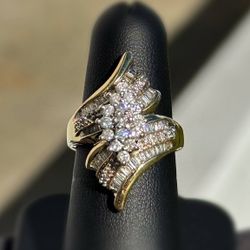 Jewelry 10k solid two tone yellow gold natural diamond baguette 2.50CTW waterfall cluster ring size 10.50