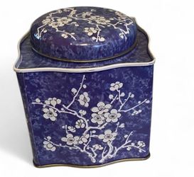 Vintage Blue White Cherry Blossom Tin  DAHER Canister