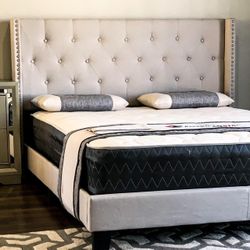Brand New Full Size Beige Tuffed Linen Bed Frame With New Mattress/Fast Delivery