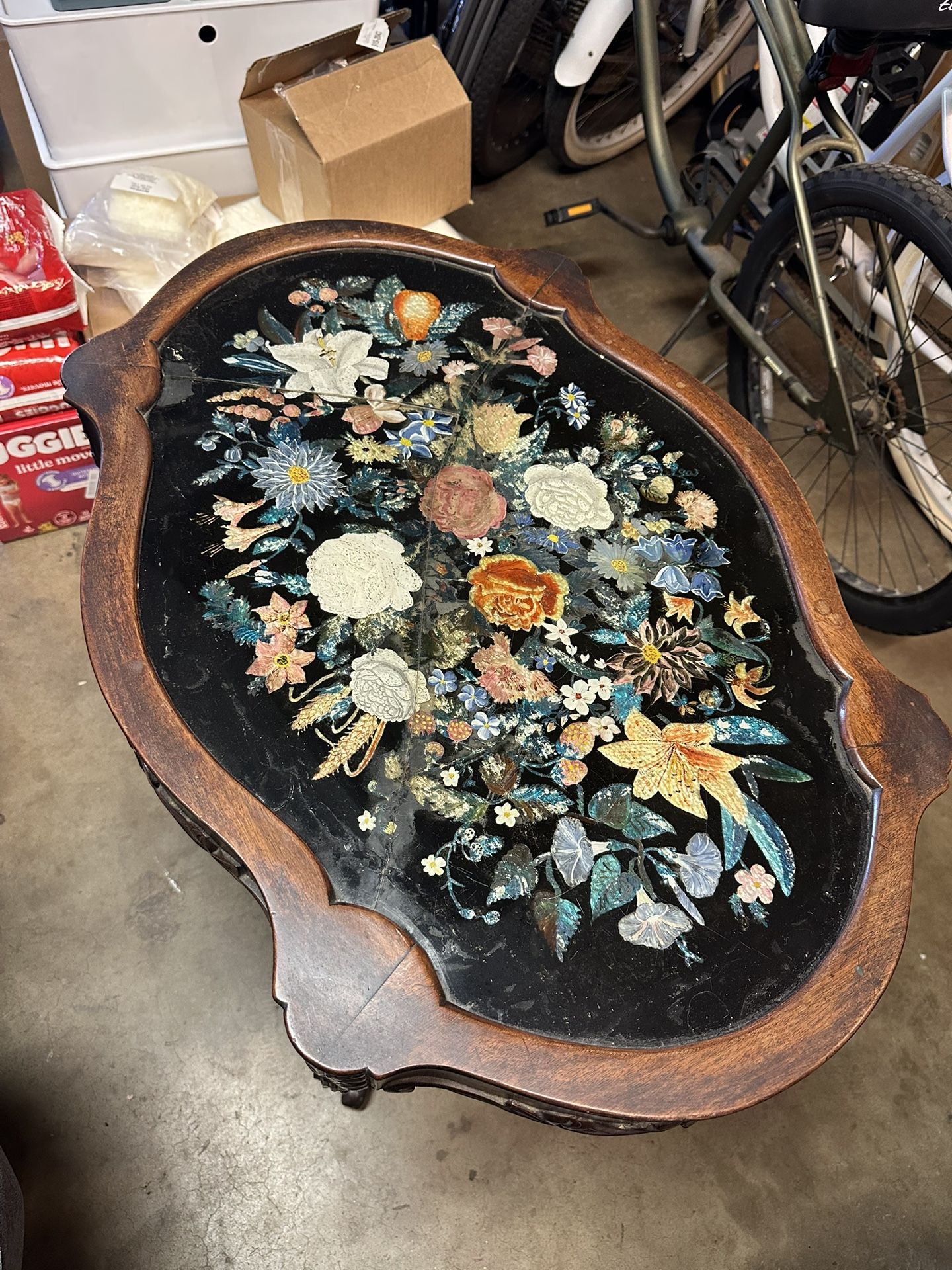 Antique Victorian Floral Marquetry Parlor Table with Carved Walnut Base