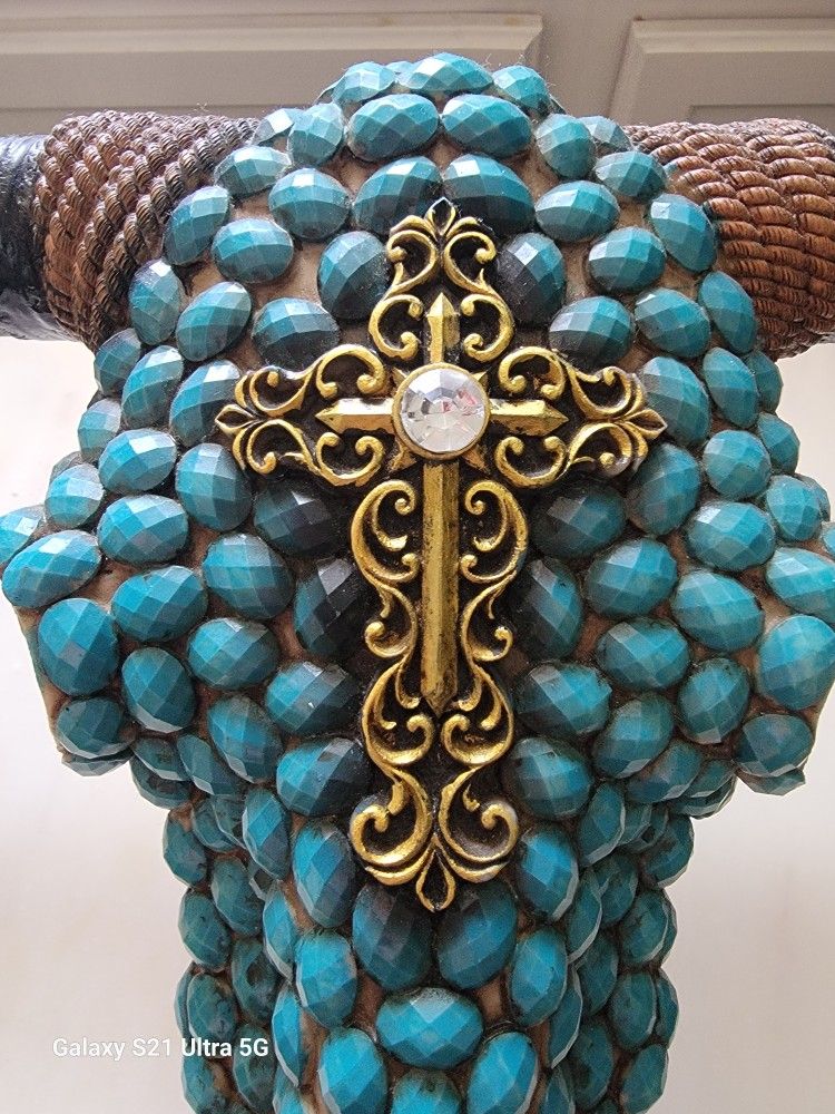 Cross Turquoise Mosaic Longhorn Steer Cowskull