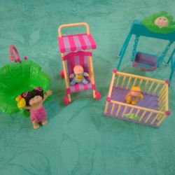 Cabbage Patch Mini Stroller, Swing, Playpen Crib, Cabbage Tub & Mini Doll Figures (Vintage 1980s)