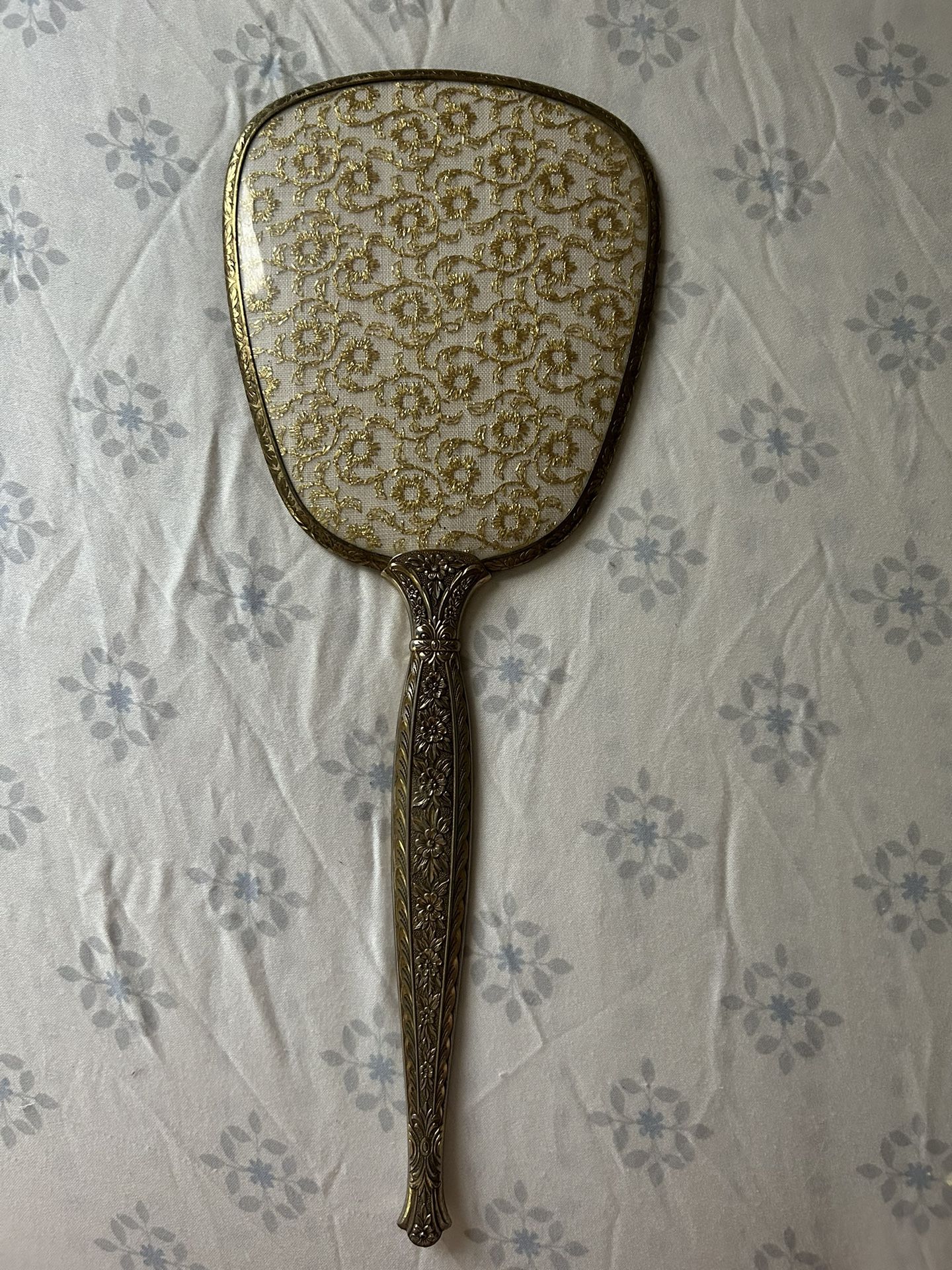 Brass Vanity Mirror Fleur-De-Lis & Flowers Embroider Metalic Gold Thread Back