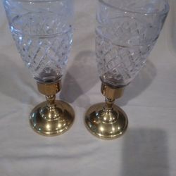 Pair Vintage Brass and Glass Hurricane Candel Holder . 