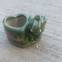 Majolica Style Ceramic Elephant Green Heart Shaped Planter Good Luck Trunk Up