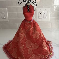 14” Mini Mannequin Figurine Jewelry Holder, Display Stand Red Gold Dress Gown