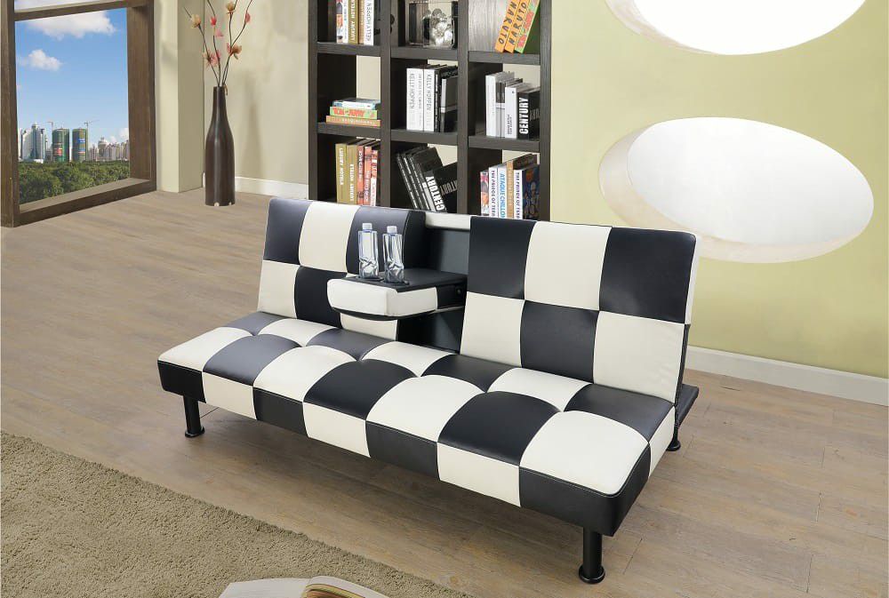 Brand New Checkered Leather Futon With Drop Down Table With Built In Cup Holders.
