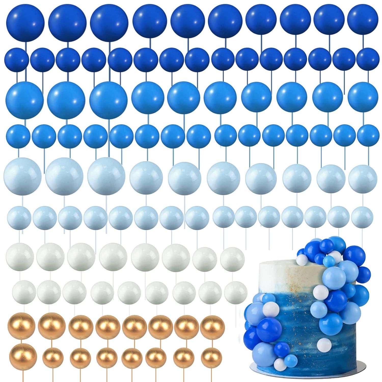 108 Pcs Cake Topper Balls – Assorted Blue/White/Gold Foam Balloons for Cupcakes & Birthday Cakes