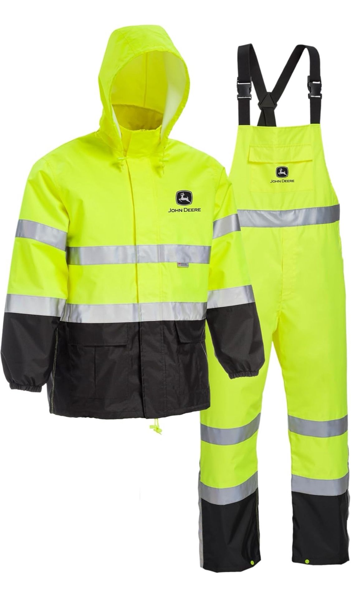 John Deere Hi-Visibility Rain Suit, ANSI Class 3, Poly Oxford with PU Backing, Hi-Vis Yellow/Black