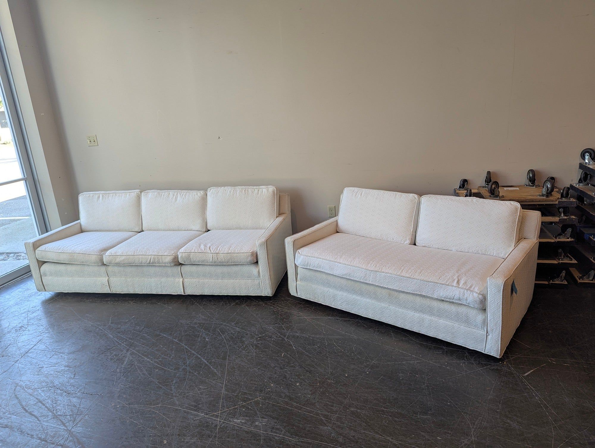 (Set of Two) Modern White Three Seater Couch and Loveseat on Wheels