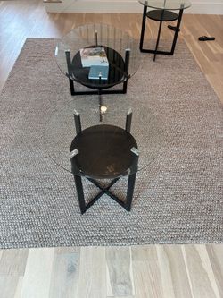 Round Glass Top Coffee Table Set Black Metal Base