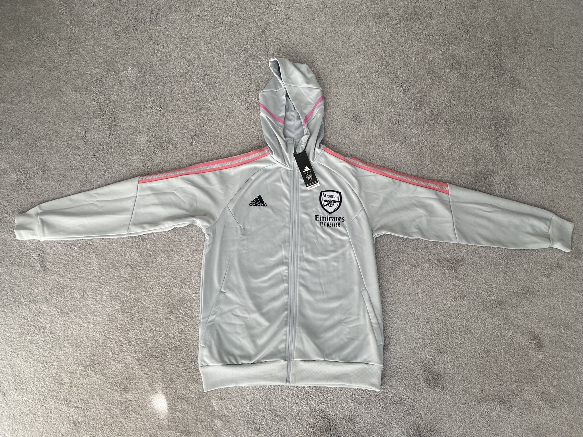 Arsenal Retro Rare Tracksuit Jacket w/ Hoodie BRAND NEW w/ TAGS Men’s Size Medium Gray And Pink