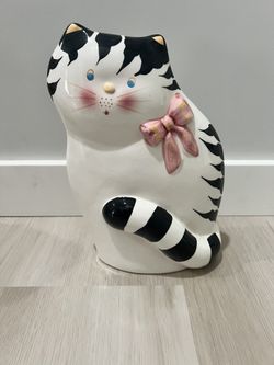 Cat Figurine 9 In Tall Flat And Skinny White Ceramic With Black Stripes Hand Painted