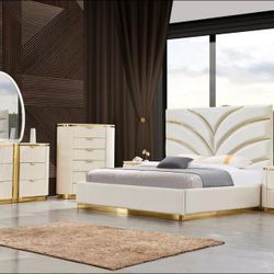 CREAM GOLD 4 PIECE QUEEN OR KING SIZE BEDROOM SET DRESSER NIGHTSTAND BED FRAME