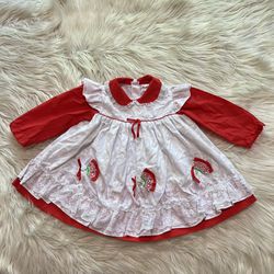 Vintage 80s Baby Girls Mayfair Red White Lace Pinafore Dress Size 18-24 Months