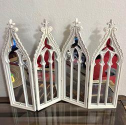White Gothic Cathedral 4-Panel Folding Mirror | Valerie Style Freestanding Decor