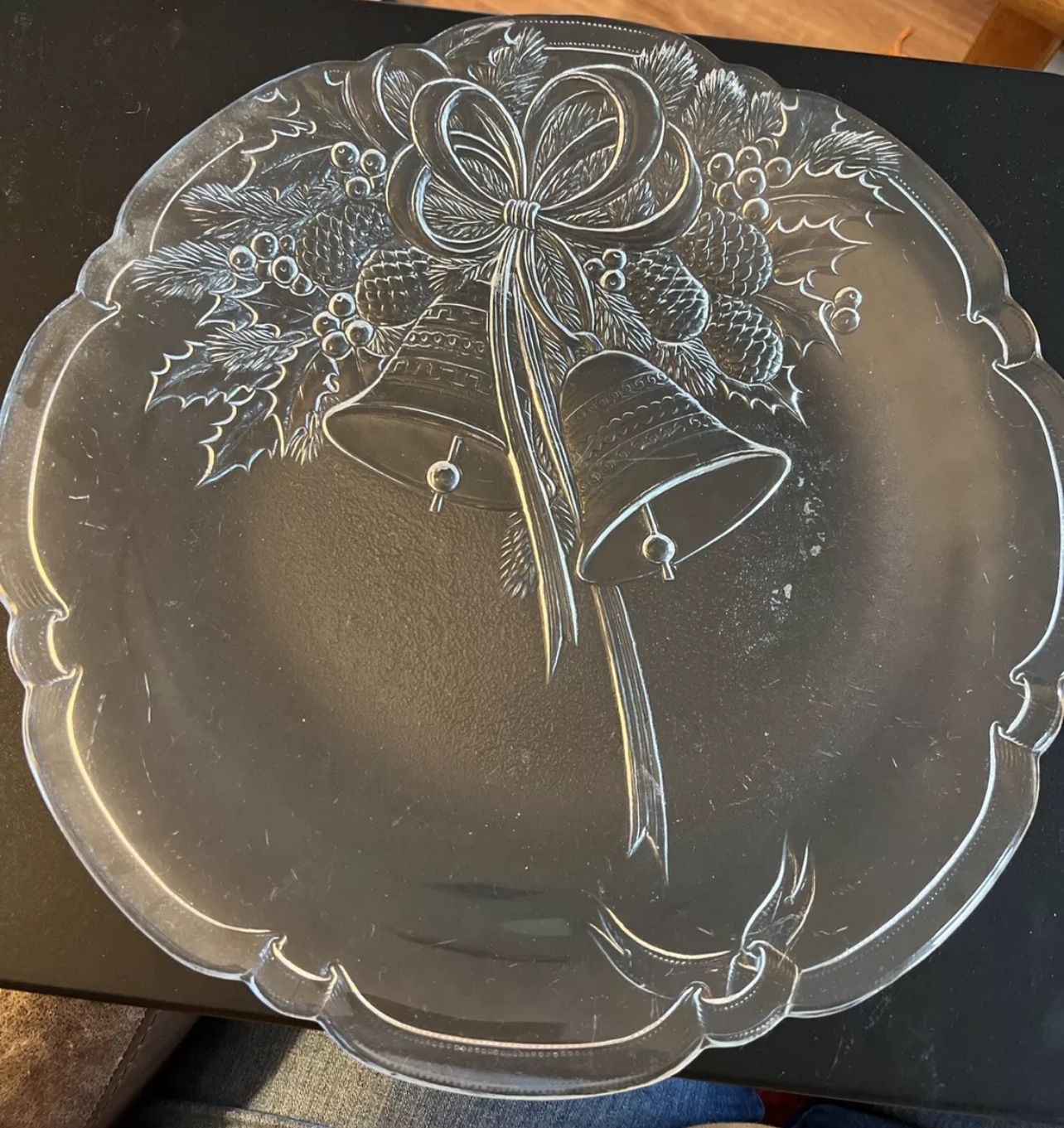 Mikasa Crystal “Christmas Holiday Bells, Holly, Pine Cones 15” Platter
