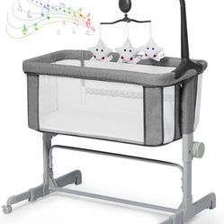 Babevy Baby Bassinet Bedside Sleeper Bedside Crib, Co-Sleeper Crib Adjustable Height Portable Bassinet with Wheels and Music Box for Newborn Baby, Mat