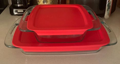 Pyrex Glass Casserole Set 2qt 3qt Red Lids Square Rectangle Original $15