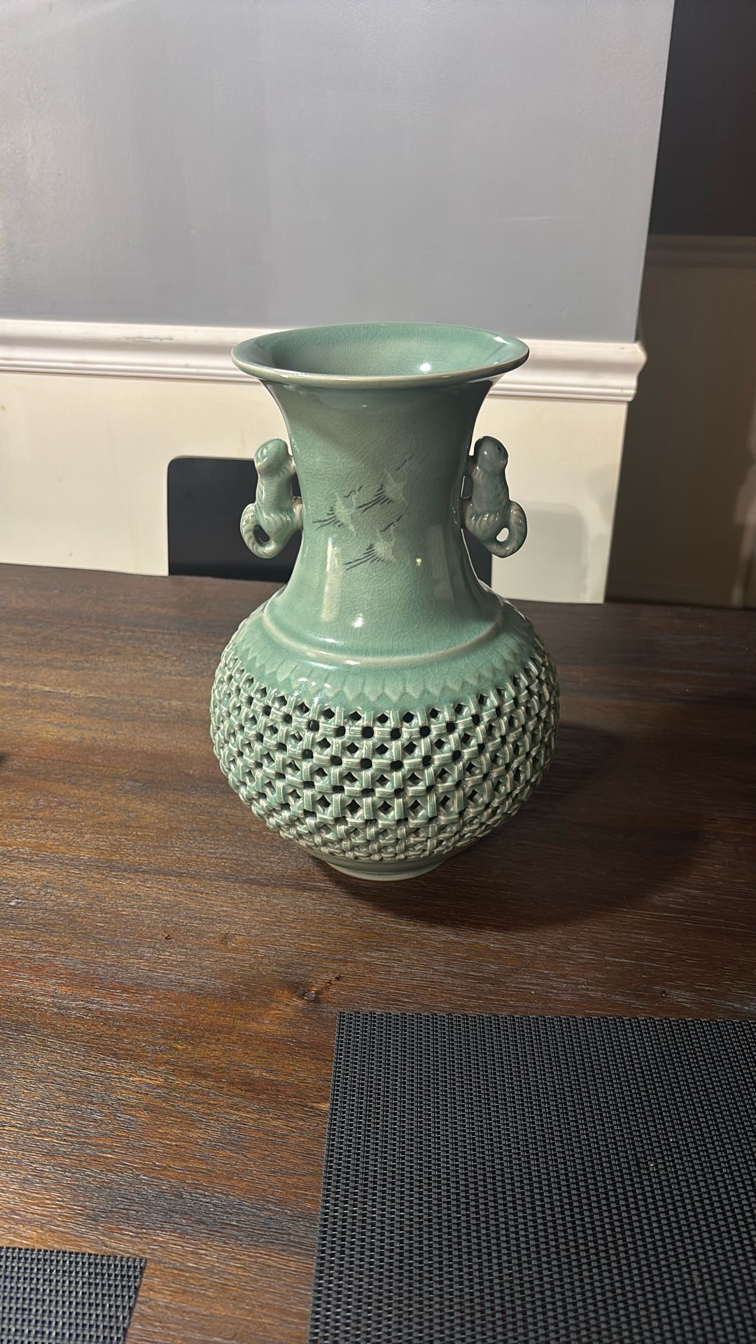 Celadon Reticulated Crackle Glass Crane Asian Signed Korean Pottery Vase