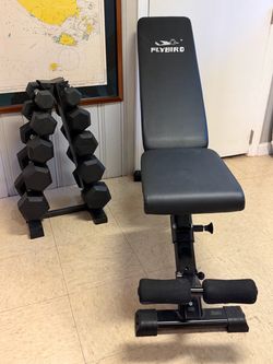 Flybird Adjustable Weight Bench + Rubber Hex Dumbbell Set with Rack