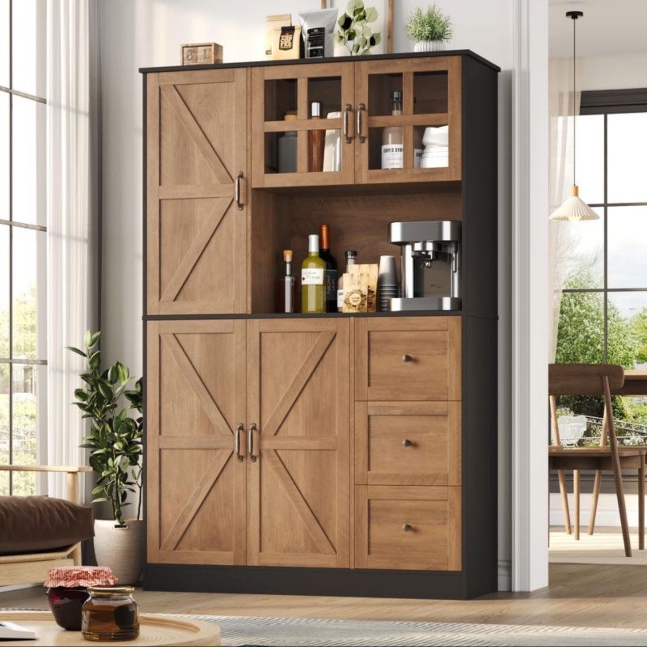 Farmhouse Pantry Cabinet With Microwave Stand & Adjustable Shelf,