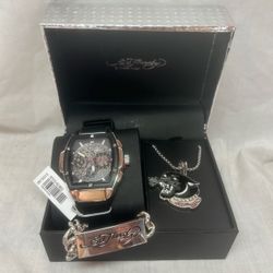 Ed Hardy Men's Watch Necklace Bracelet Set Silver Black Quartz Gift Bundle